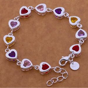 Sterling Silver Heart Multicolor Gemstone 925 Stamped Bracelet